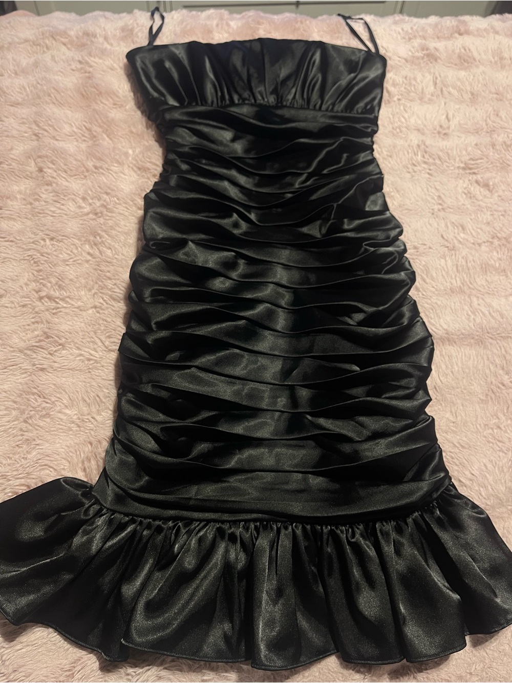 Cindy - Black Ruched Satin Spaghetti Strap Dress XS